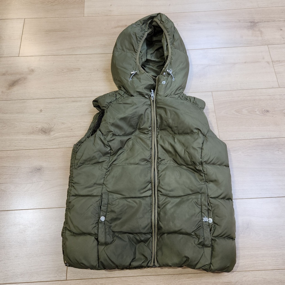 Eddie Bauer Goose Down 650 Vest Womens Medium Green Hooded Fleece Puffer Outdoor